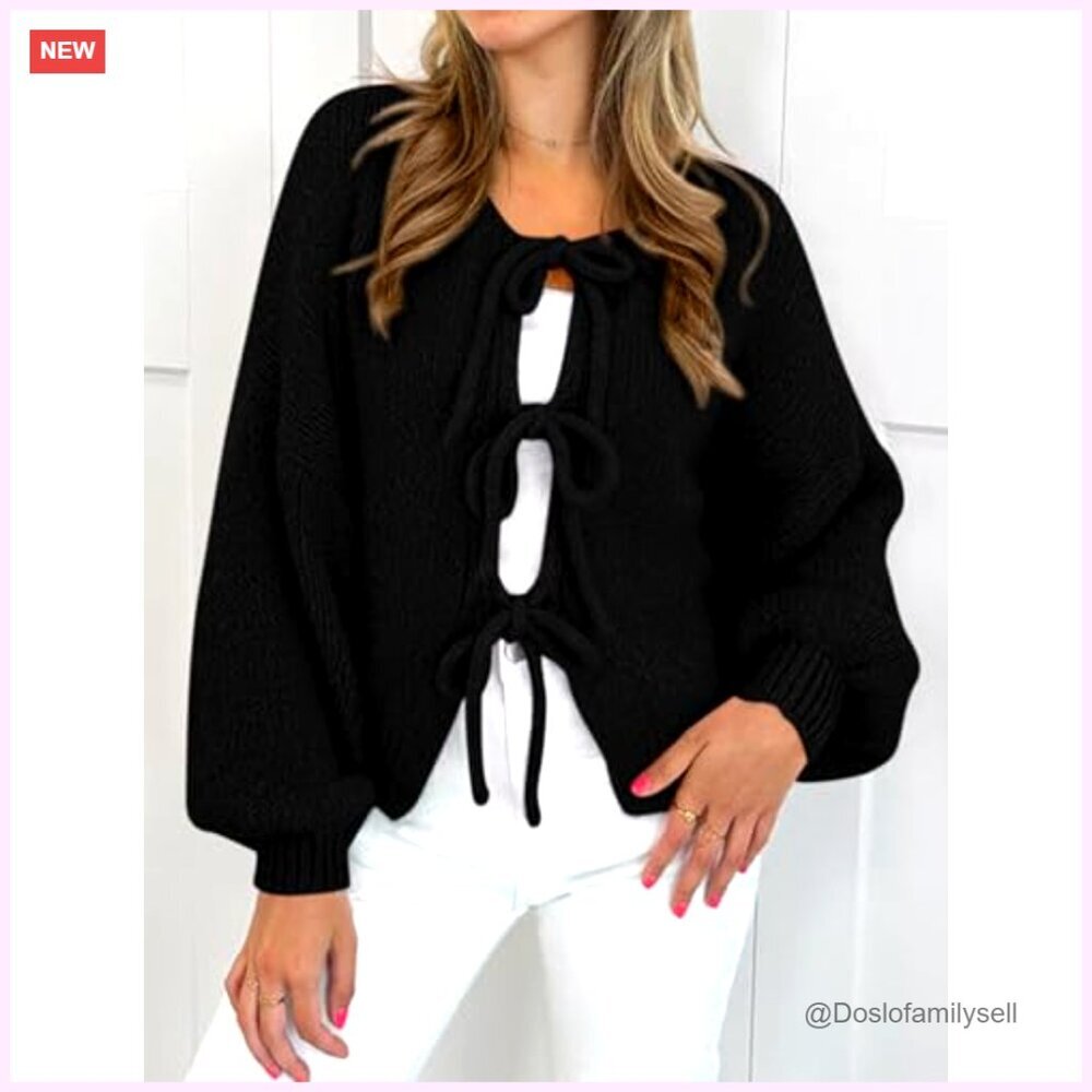 Oversized Chunky Knit Cardigan with Bow Tie Front, Long Sleeve Open Sweater - Picture 4 of 7
